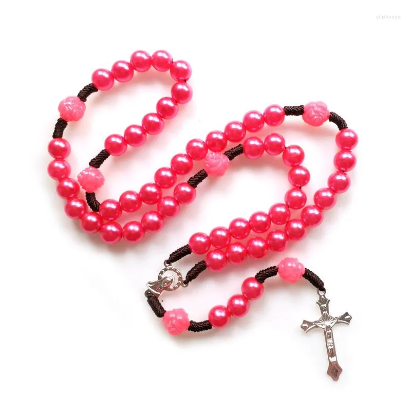 Pendant Necklaces QIGO Acrylic Pearl Rosary Jesus Cross Rose Beads Strand Necklace Religious Jewelry White Pink