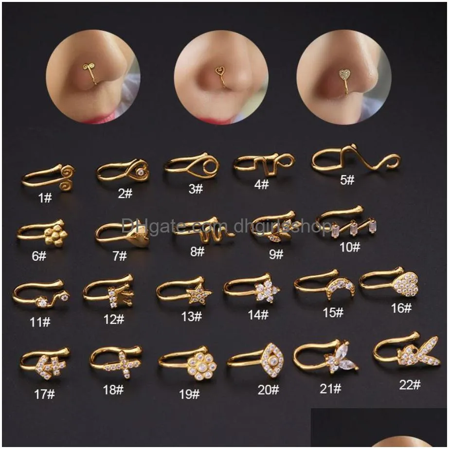 Nasenringe Ohrstecker Gold Fake Piercing Clip Ring Manschette Körperschmuck für Frauen Neuer Trend Ohrmanschetten Herz Kreuz Blumen 22 Stile Drop De Dhtal