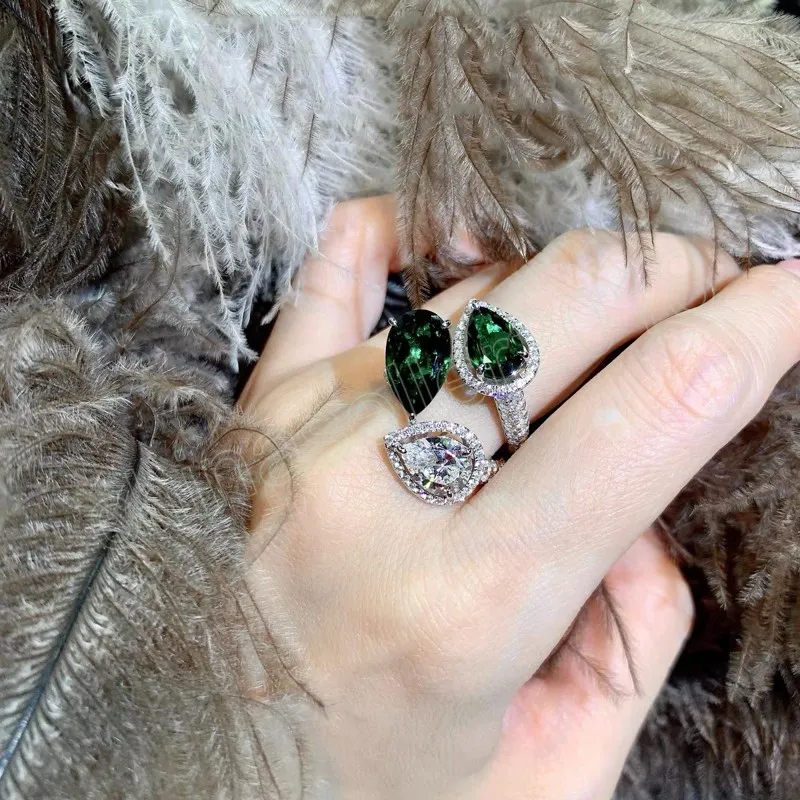Luksusowy moda szmaragd zielony sześcienne pierścionki z cyrkonią dla kobiet weselne zaręczynowe biżuterię