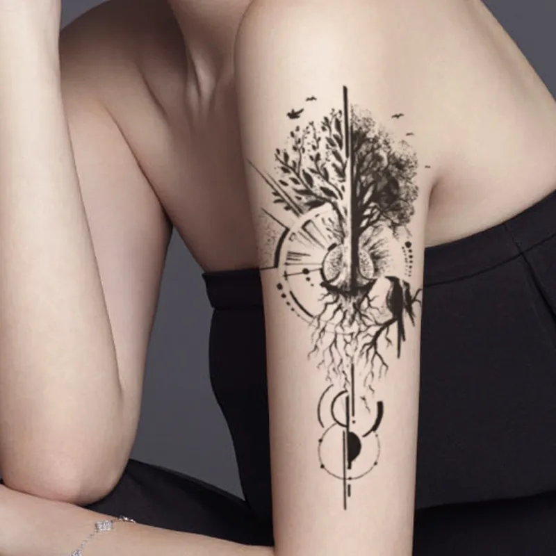 Life Tree Geometric Waterproof Temporary Tattoo Sticker Black Crow Lines Fake Tattoos Flash Tatoos Arm Body Art for Women Men