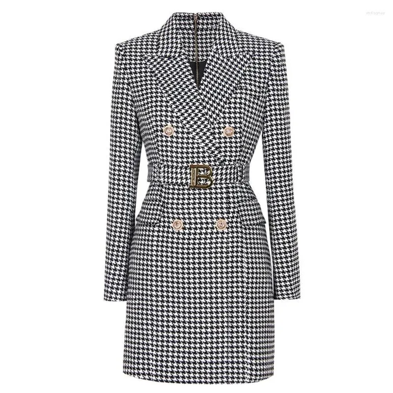 Ternos Femininos 0425 Outono 2023 Elegante Cinto Dente de Houndstooth Lattice de Alta Qualidade Manga Longa Slim Temperamento Commuter Suit DresWomans