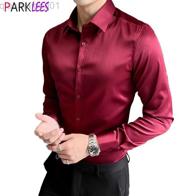 Men's Casual Shirts Mens Wine Red Satin Luxury Dress Shirts 2020 Brand New Slim Fit Long Sleeve Shirt Men Casual Smooth Stretch Chemise Homme 5XL L230721