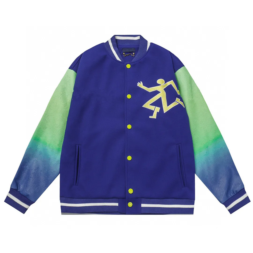 Men's Multi-Patch Leather Varsity Jacket - Button Baseball Jacket Casual Streetwear Outerwear Coat, Polyester, Sky Blue, Winter 2024 Men's Multi-Patch Leather Varsity Jacket - Button Baseball Jacket Casual Streetwear Outerwear Coat, Polyester, Sky Blue, Winter 2024