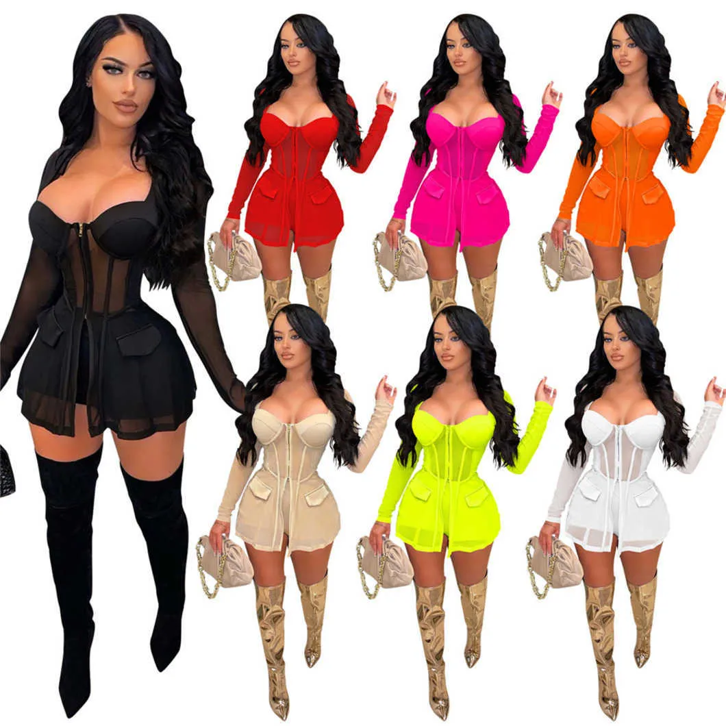 Designer Women Tracksuits Summer Mesh Two Piece Set Outfits Sexig Sheer See Through Long Sleeve Axeveless Topless Top and Shorts Night Club Clothing