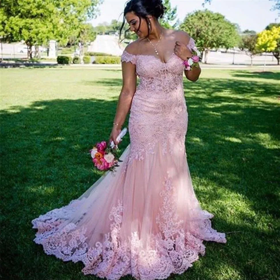 Pink Off Shoulder Full Lace Mermaid Evening Dresses Plus Size 2022 with Appliques Sweep Train Short Sleeves Formal Prom Party Gown204k