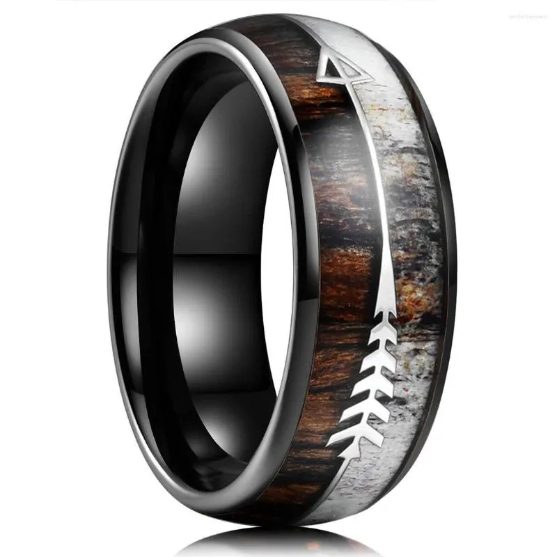 Anneaux de mariage mode 8mm noir titane acier inoxydable pour hommes femmes avec bois de cerf Koa bois flèche fête bijoux