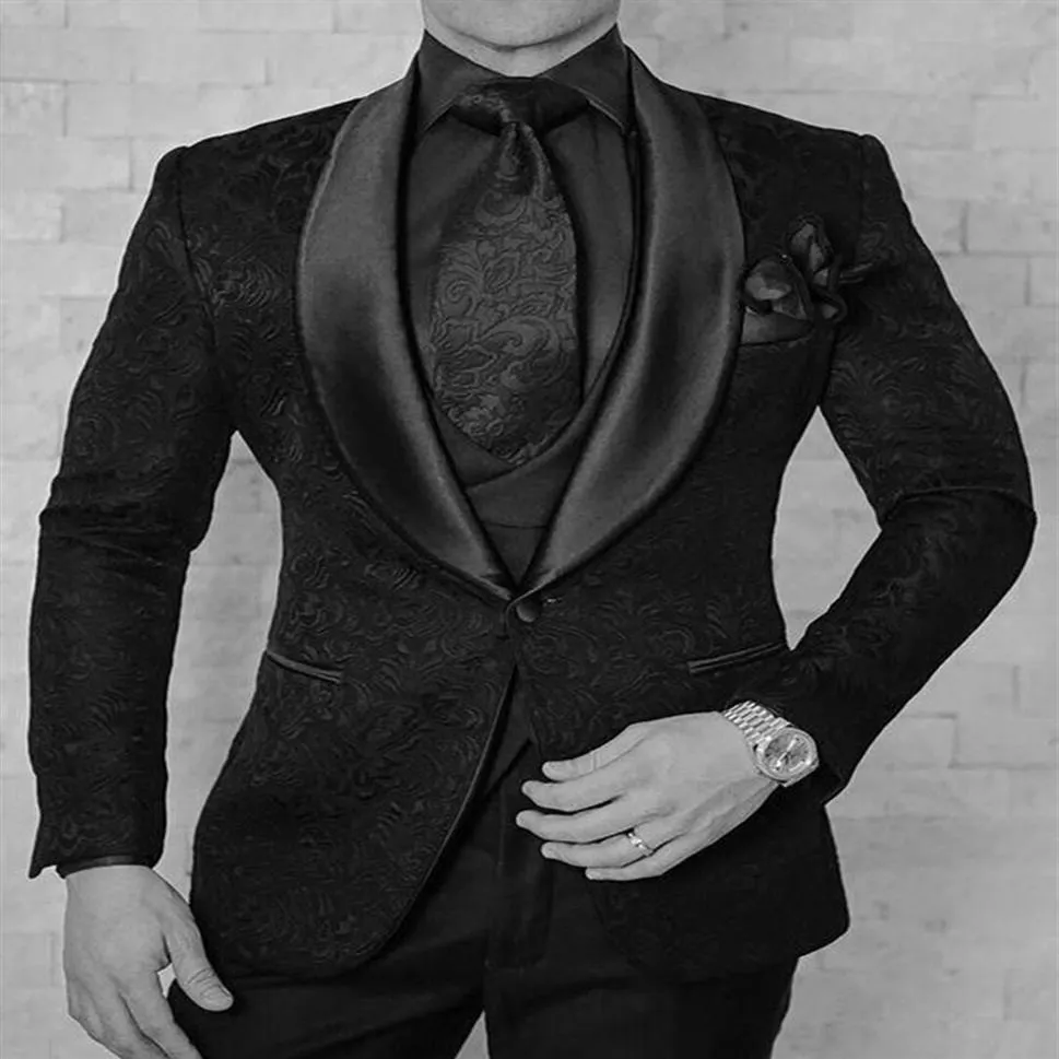 New Fashion One Button Black Paisley Groom Tuxedos Shawl Lapel Groomsmen Man Suits Mens Wedding SuitsJacket Pants Vest Tie283a