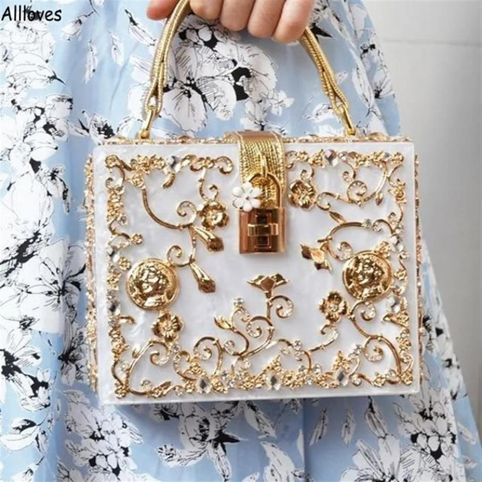 Italiaanse Mode Doos Vintage Vrouwen Avondtassen Handtassen Luxe Gold Hollow Gesneden Clutch Purse Bruiloft Prom Dames Tas Brida220z