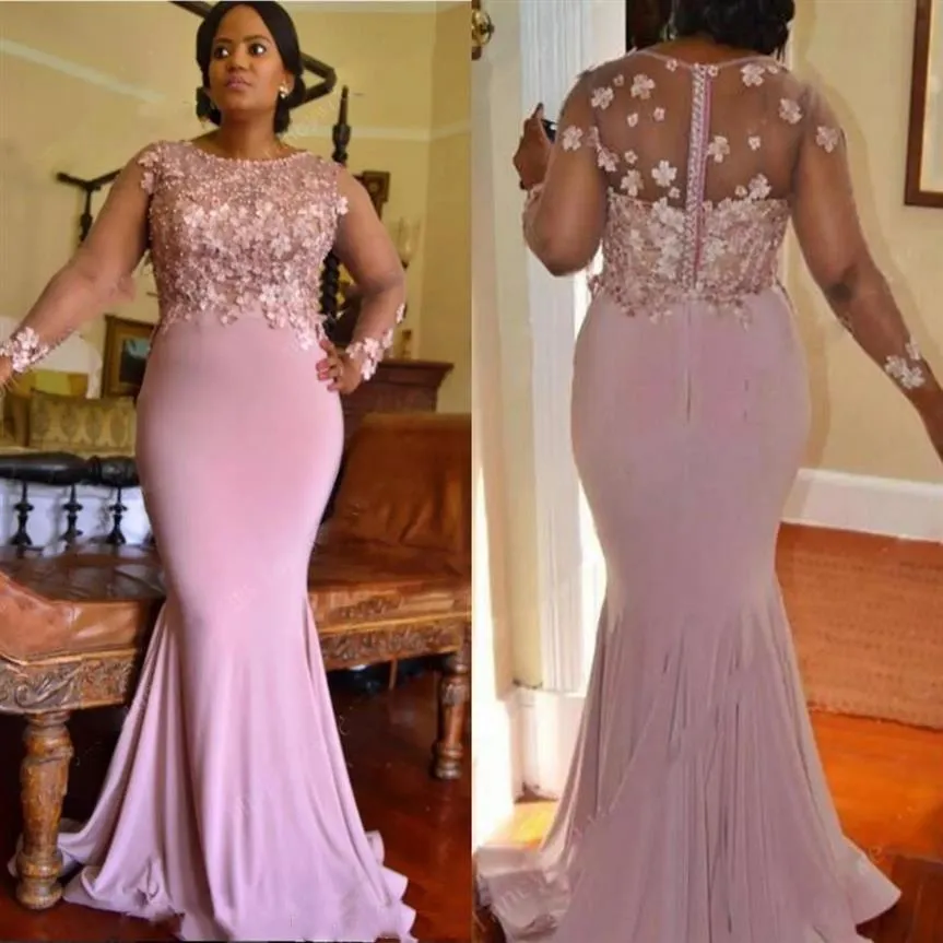 Romantic South African Plus size Prom Dresses Mermaid 3D Floral Flowers Beaded with Sleeves Evening Formal Dress Gowns for women g170N