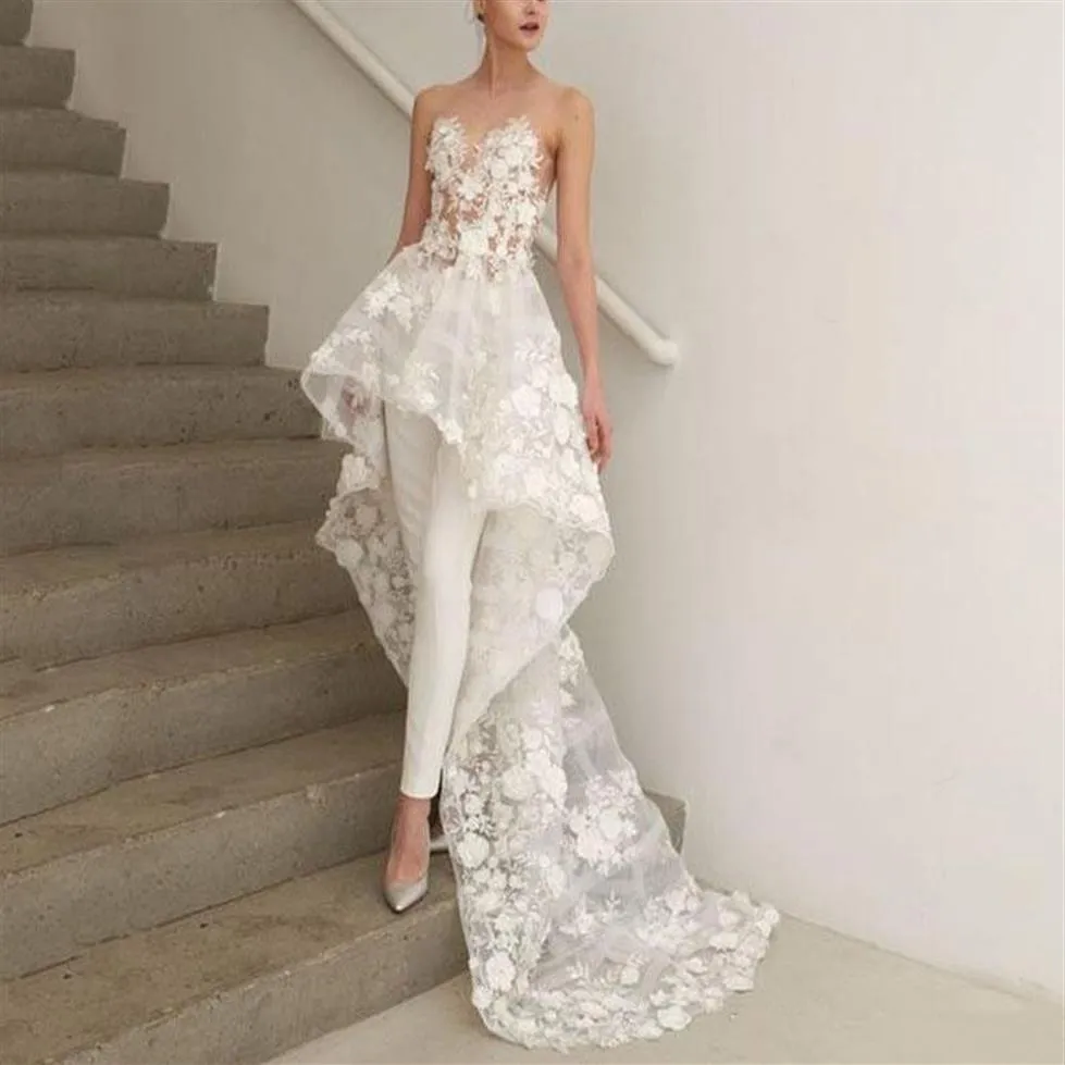 2019 Plus Size Boho A Line Bohemian High Low Jumpsuits Bröllopsklänningar Brudklänningar Abendkleider Vestido de Novia 3D-Floral Appliq334s