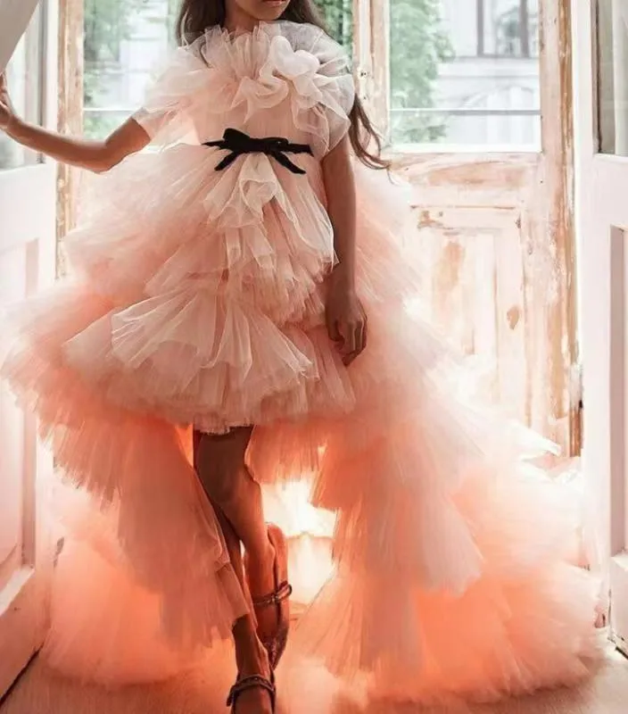 Vestido de aniversário rosa elegante para bebê, fofo, longo, trem, flor, vestido para casamento, arco, crianças, princesa, vestido de baile, vestidos exuberantes para meninas 2023