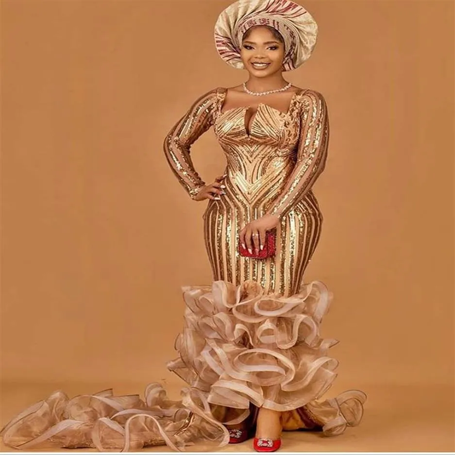 2021 Arabiic Arabic Aso Ebi Ebi -Mermaid Gold Blowly Prom Sukienki z długim rękawem cekinowe wieczorne impreza Formalna druga przyjęcie 262Y