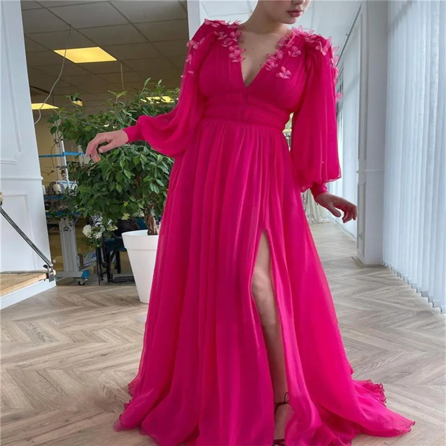 New 2021 Bright Pink Chiffon Prom Dresses Long Puff Sleeves V Neck Slit A Line Evening Gowns With 3 D Butterfly Flowers260T