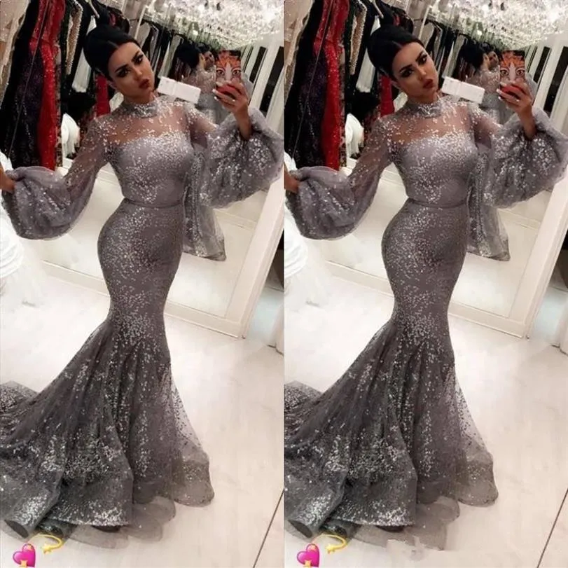 Fashion Sequins Mermaid Prom Dresses Sexy Hihg Neck Trumpet Long Sleeves muslim arabic Attractive Stylish evening dresses228H