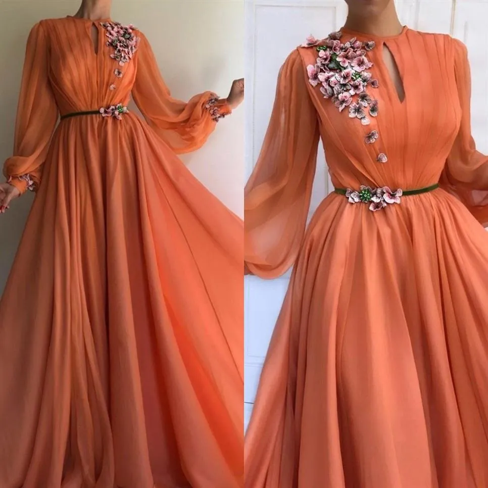 Eleganta orange långa ärmar 3d blommor spets dubai prom klänningar 2020 a-line chiffon islamisk arabisk lång kvällsklänning robe de soiree 202r