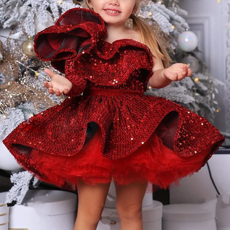 Baby Lush Birthday Party Flower Girls' Dress 2023 Elegant Puffy Sequin Evening Dresses For Teenage Girls Party Frock For Wedding Kids Vestidos Red