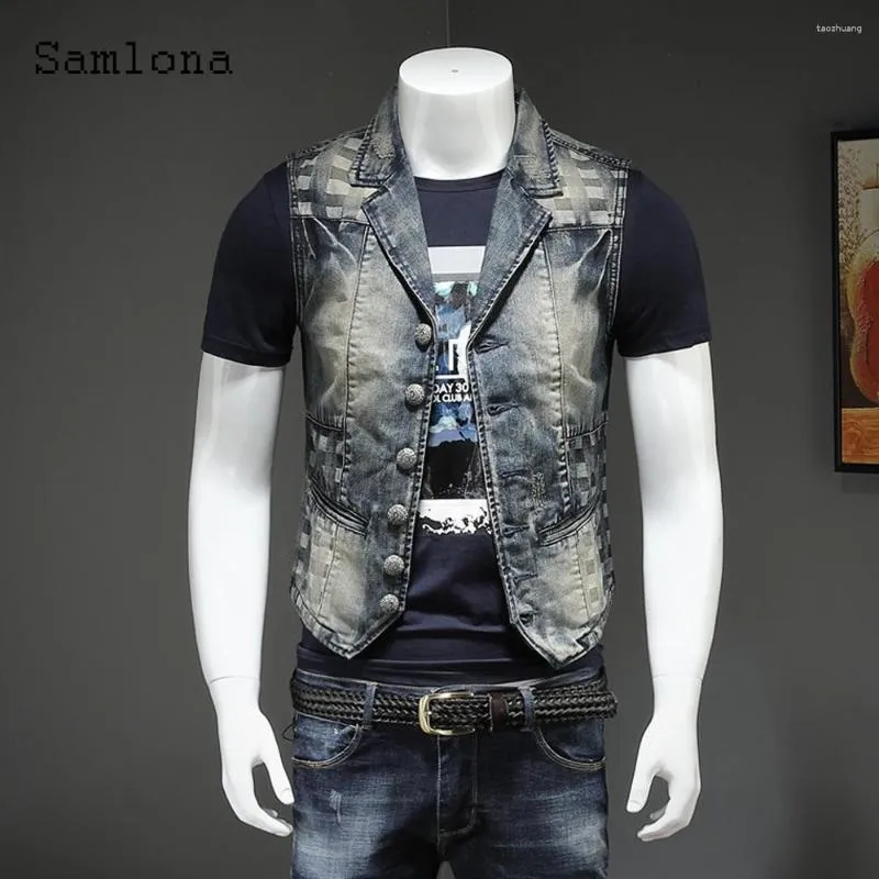 Mäns västar samlona plus storlek 5xl män denim tank tops 2023 ärmlös avslappnad multi-fickets jean väst herrar mode lapptäcke jeans jacka jacka