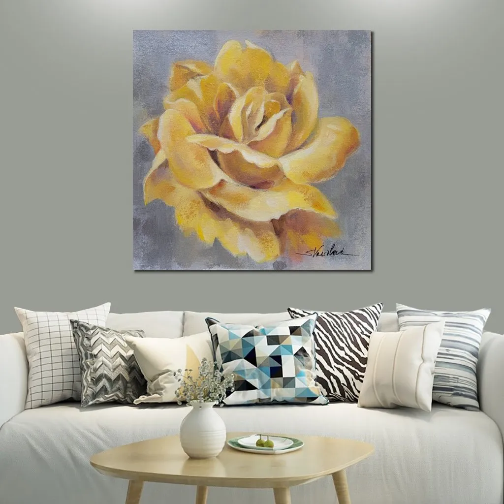 Żółte róże ręcznie robione abstrakcyjne malarstwo olejne na płótnie z teksturowaną dla sztuki ściennej w salonie