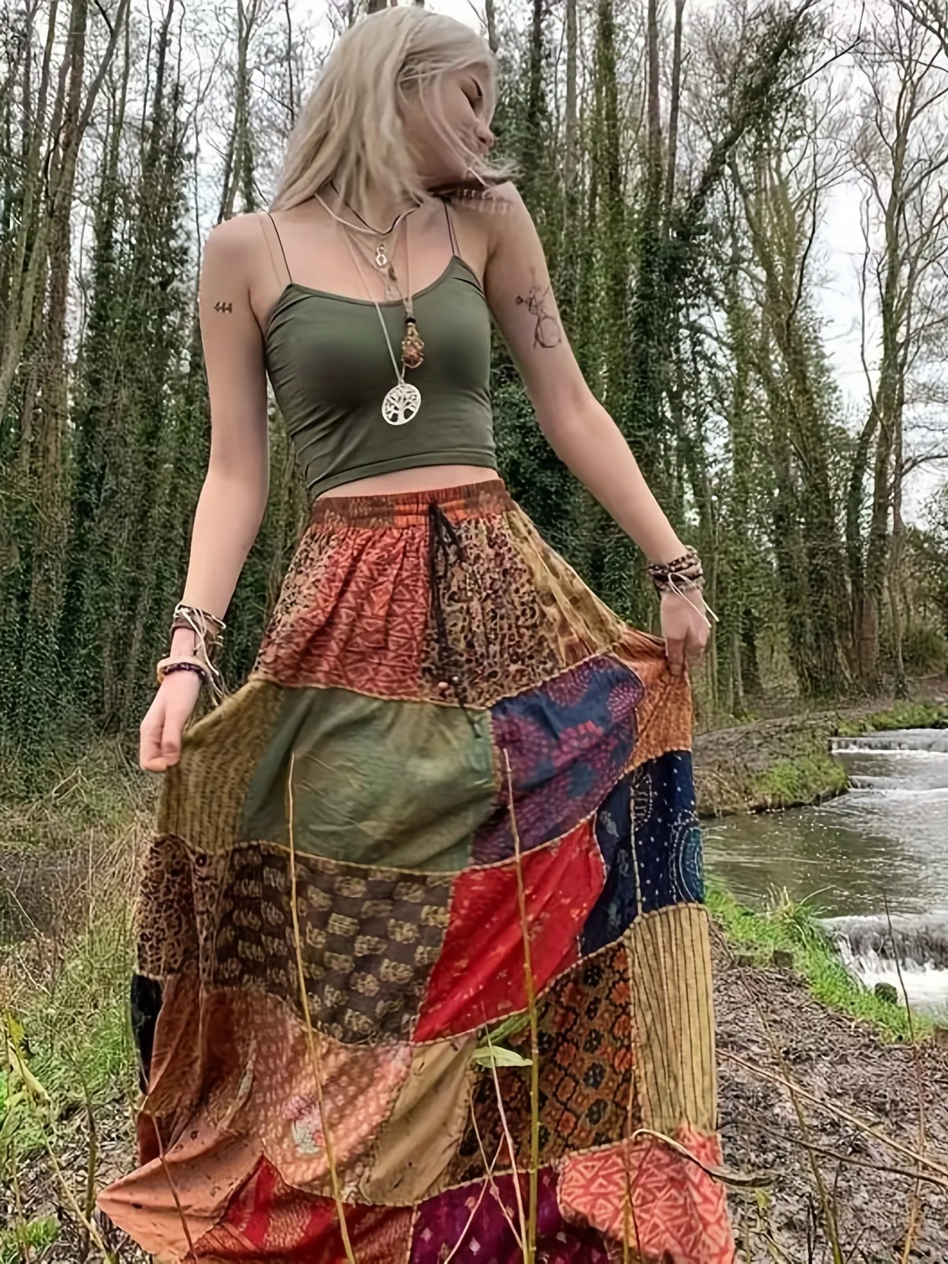 Rokken Boho Hippie Patchwork Rokken met trekkoord Hoge taille Elastisch Gedrapeerd Gelaagd Dameskleding 230720