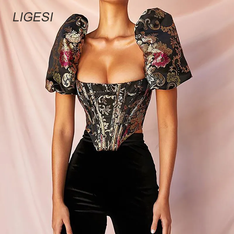 Camicetta da donna nera floreale ricamata Camicette da festa eleganti con maniche a sbuffo Top Corsetto bustier sexy