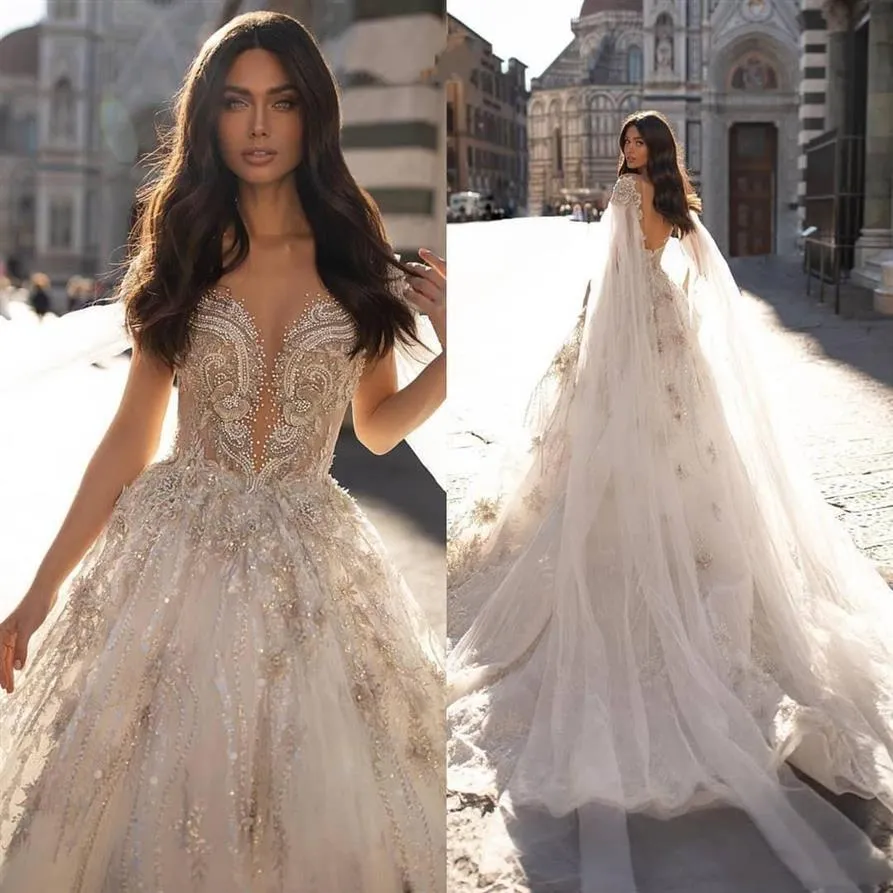 2021 Berta A Line Vestidos de novia con encaje envolvente Cuentas con apliques Sin espalda Vestido de novia Boho Vestido de novia Vestidos de lujo De Novia2388