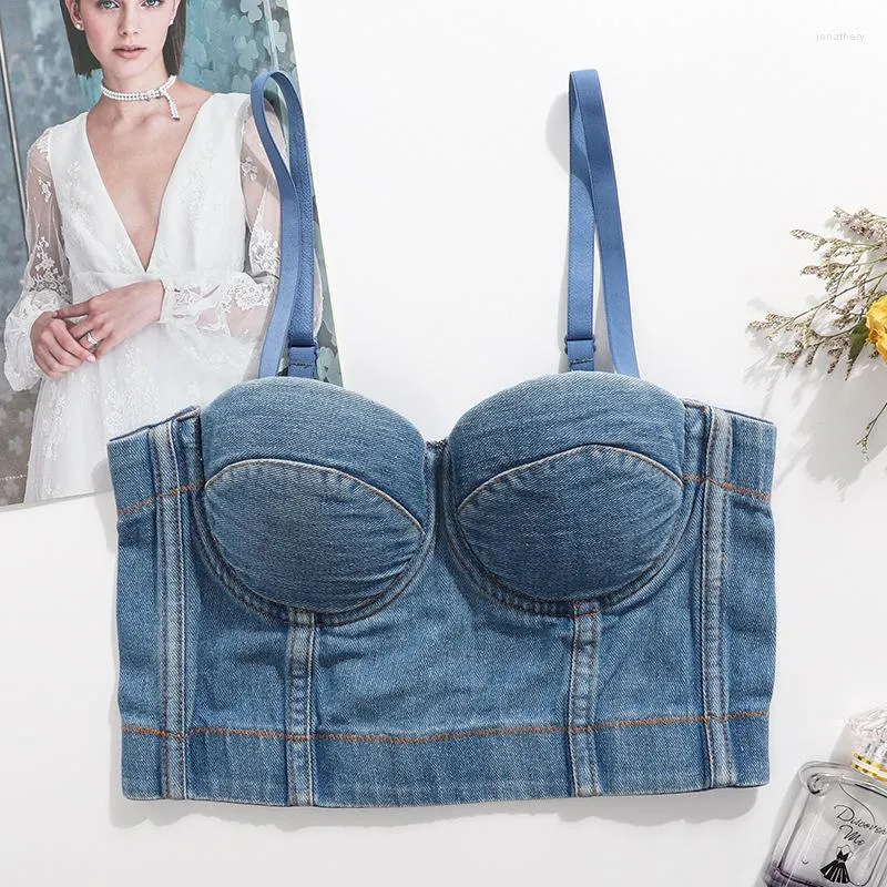 Kvinnors tankar europeiska skönhetsdamen tillbaka denim Camisole Corselets Bachelorette Bustier Bra Push Up Slim Fit Bralette Croped Top Vest P P