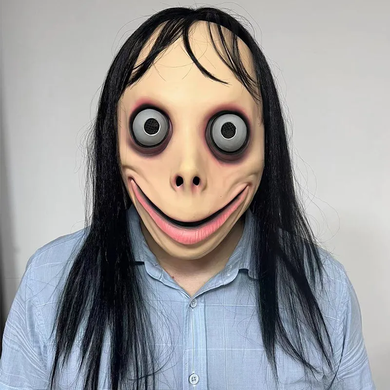 Momo Mask Horror Hack Game LaTex Mask Halloween Costume Costume Party Props Halloween Kobiet z dużymi oczami i długą peruką