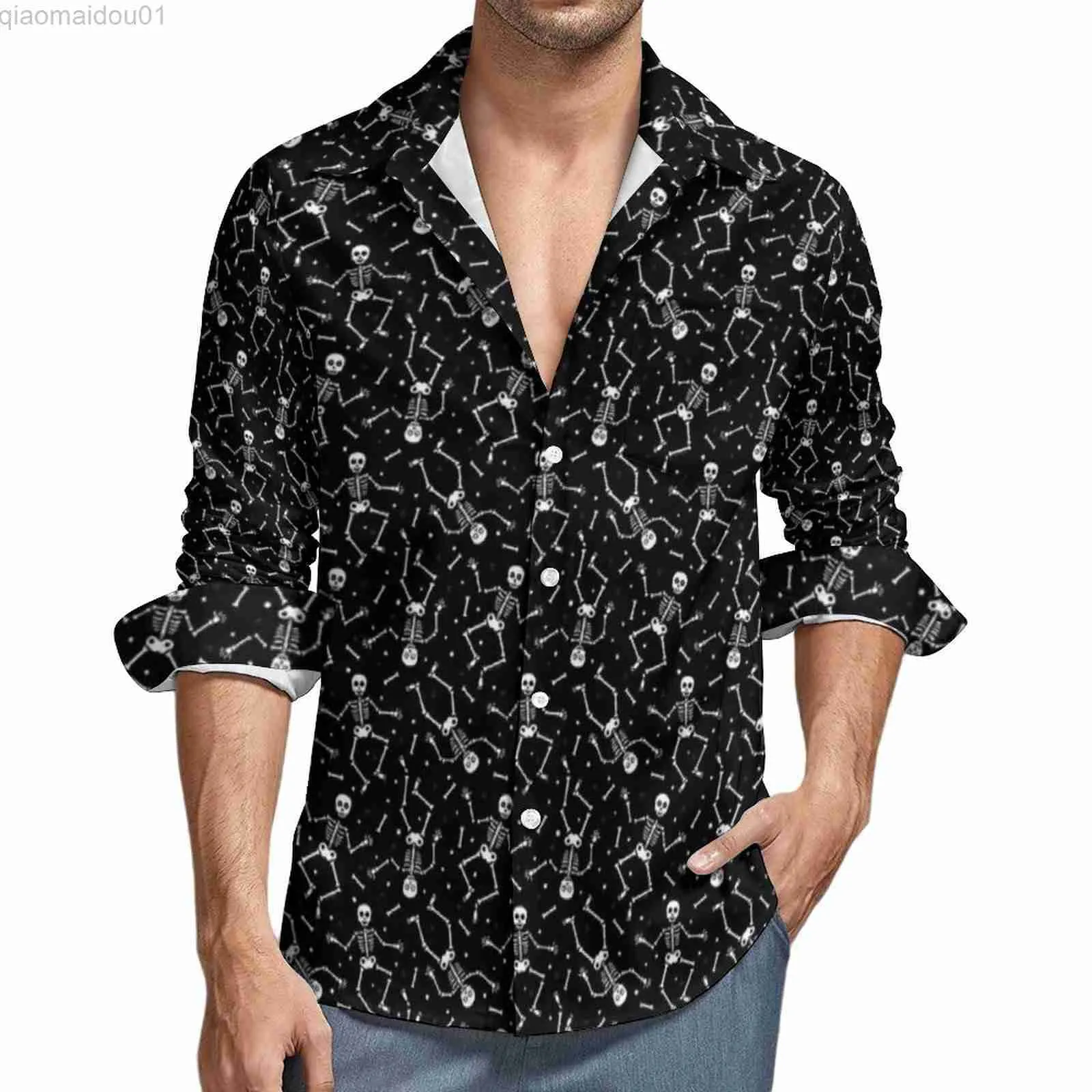 Camisas casuais masculinas Halloween Skeleton Camisas casuais masculinas engraçadas com estampa de ossos Camisa de manga comprida Novidade Y2K Blusas Roupas padrão de outono Plus Size L230721