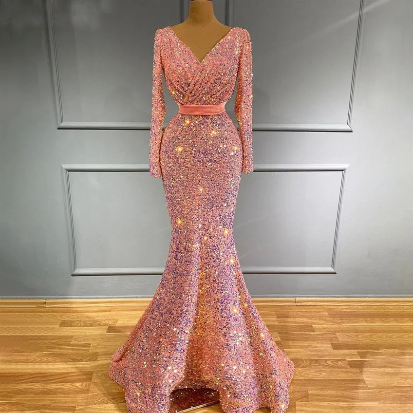 Muslim Pink Mermaid Luxury Evening Dresses Sparkly V Neck Long Sleeve Prom Gowns For Women Crystal Party Club Wear Outfit289N