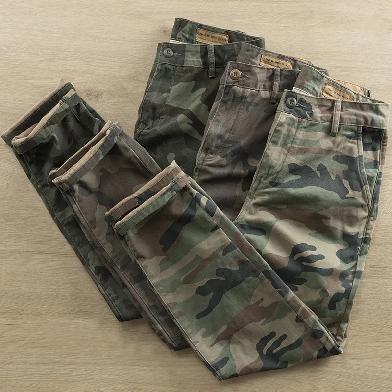 Calças Masculinas Calças Cargo com Gravatas e Calças Camufladas Harém Calças Retas com Zíper Vestuário Externo Algodão Retro Joggers Militares Streetwear 230720