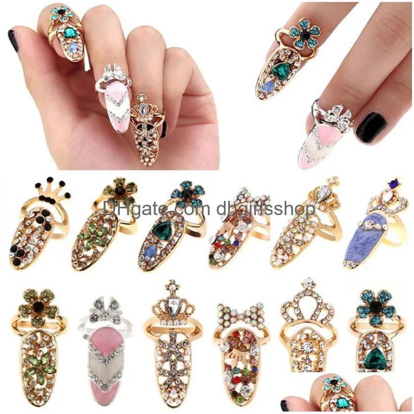 Bagues De Bande Bijoux De Mode Bowknot Nail Anneau Charme Couronne Fleur Cristal Doigt Pour Les Femmes Lady Strass Ongle Cadeau De Protection Dht0P