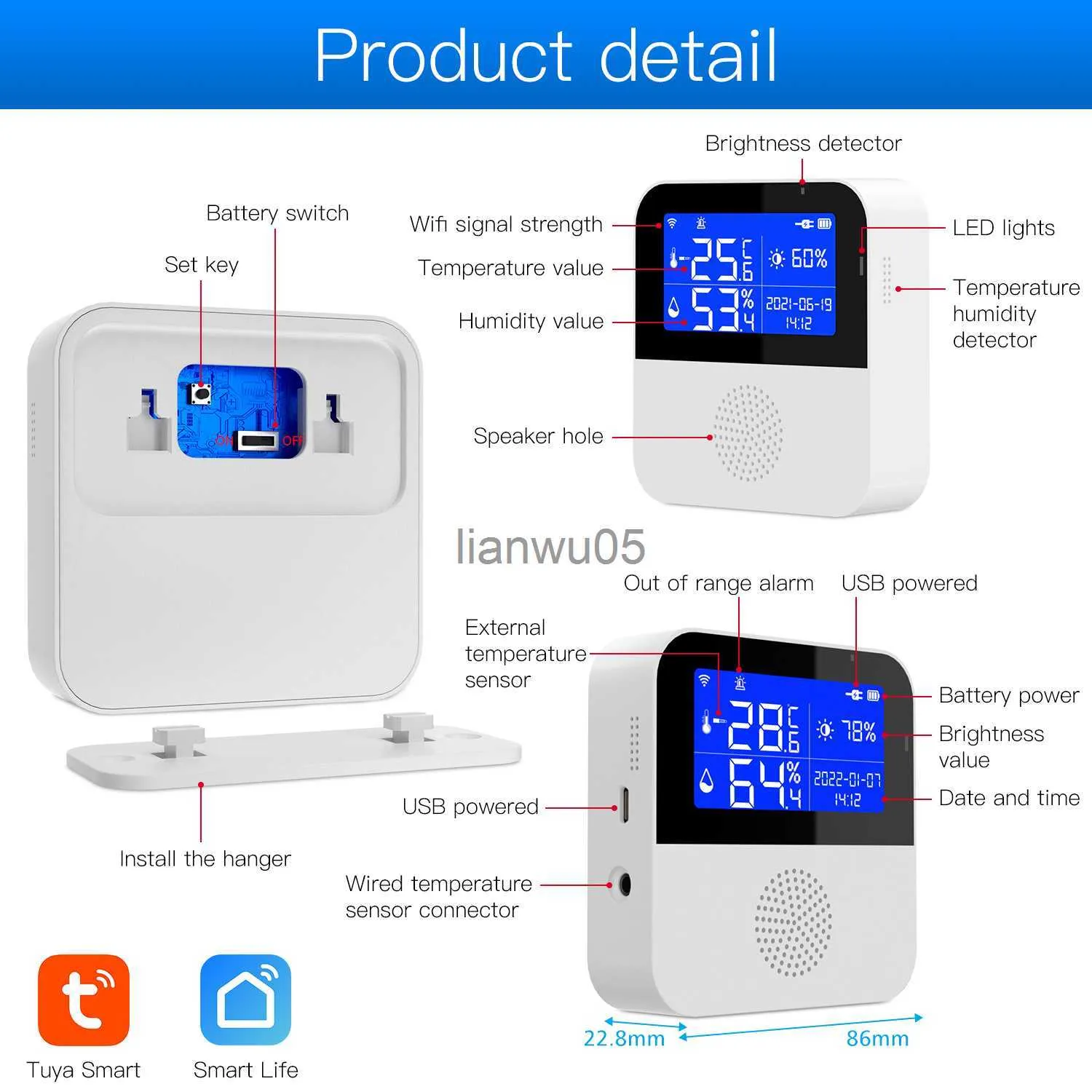 Tuya Wifi Sensore di umidità della temperatura Igrometro interno Rilevatore  di termometro Smart Life Supporto per telecomando Alexa Google Home