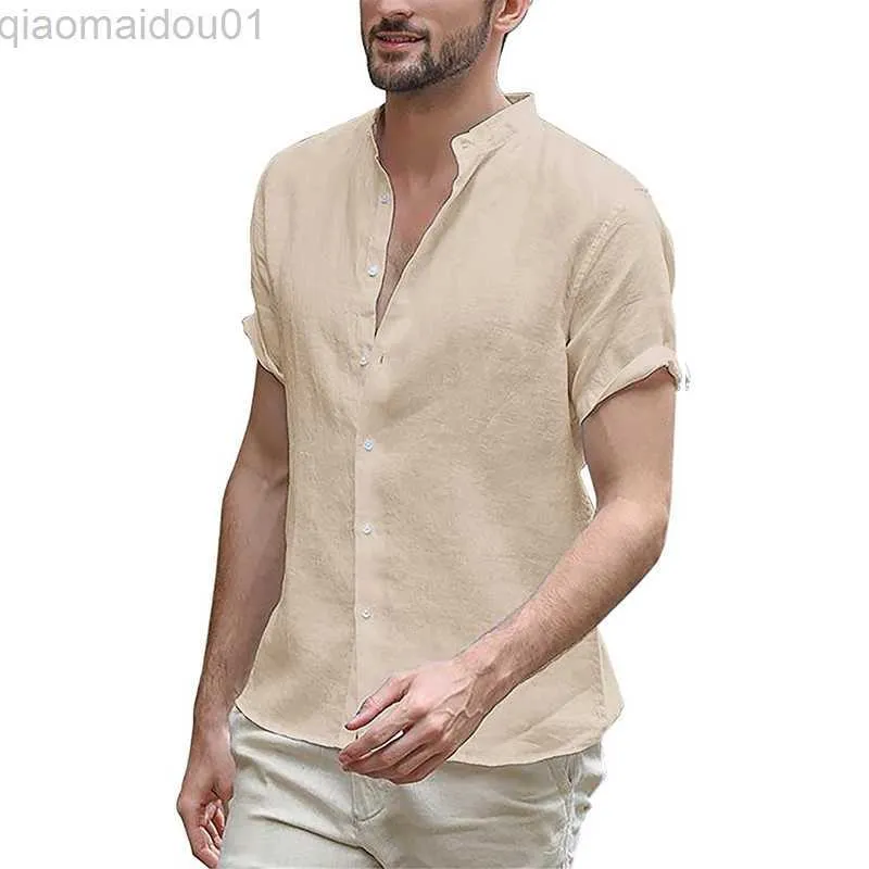 Camicie casual da uomo Estate Casual Camicie di lino in cotone sciolto Camicie da uomo a maniche corte con bottoni Cardigan Solid Top Abbigliamento moda Uomo Camicia con colletto rovesciato L230721