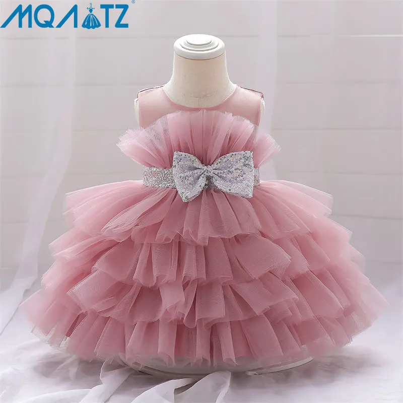 Mqatz Summer Dress 1年のふくらんでいるピンクキッズ弓弓むき出し王女Brithday Vestidos Toddler Chilth