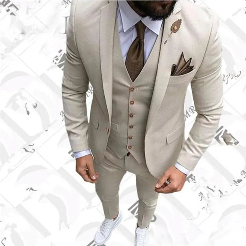 Beige Slim Fit Heren Pakken Bruidsjonkers Bruiloft Smoking Voor Mannen 3 Stuk Notched Revers Prom Pakken Jas Broek Vest207S