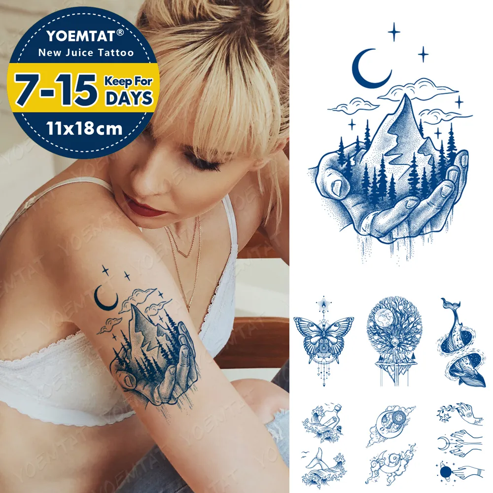 Jus durable encre tatouages corps Art étanche temporaire tatouage autocollants montagne forêt Tatoo bras faux ciel baleine mer Tatto femmes