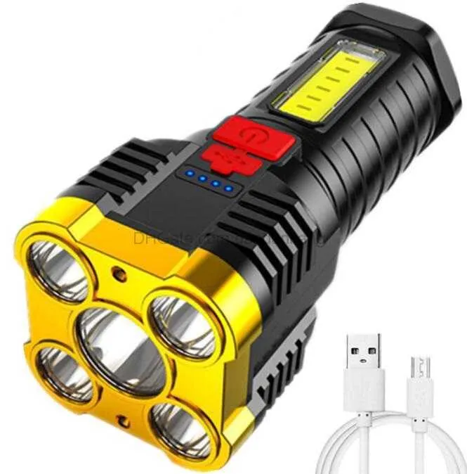 Lampe de poche étanche à 5 LED 4 modes de charge USB puissante Lampe de poche de camping COB Torche tactique zoomable Lampes de travail d'urgence multifonctions