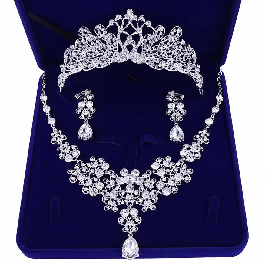 Luxury Cubic Zirconia Tiara and Necklace Earring for Women Wedding Jewelry Set for Bride Zircon Crowns Jewelry Bridal Accessories241Y