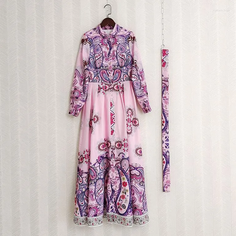 Casual Dresses Full Sleeve Women Long Dress Spring Cashew Flower Print Blet Elegant Party Holiday Lady Within Sashes