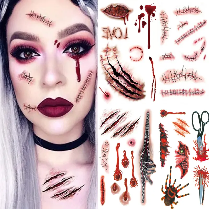 Body Makeup Halloween Tattoo Stickers DIY Party Terror Realistische Gestikte Verwondingen Wonden Niet-giftige Blijvende Tijdelijke Stickers