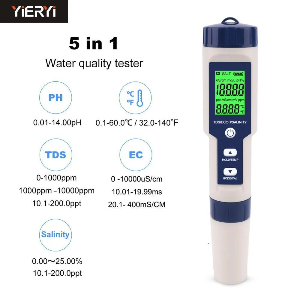 عدادات الرقم الهيدروجيني 5 في 1 TDS/EC/PH/الملوحة/متر درجة الحرارة اختبار جودة المياه الرقمية لمسبح حوض أسماك مياه الشرب 230721