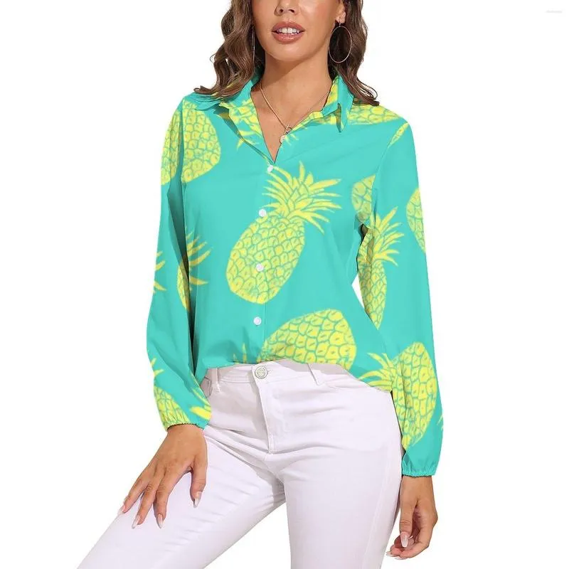 Camicette da donna Camicetta ananas gialla Stampa di frutta tropicale Modello Kawaii Camicia casual da donna a maniche lunghe Top oversize primaverile