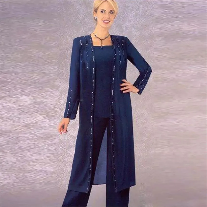 Dark Navy Three Pieces Mother Of The Bride Pant Suits Square Neck Long Sleeves Wedding Guest Dresses Chiffon Plus Size Beaded Form306t