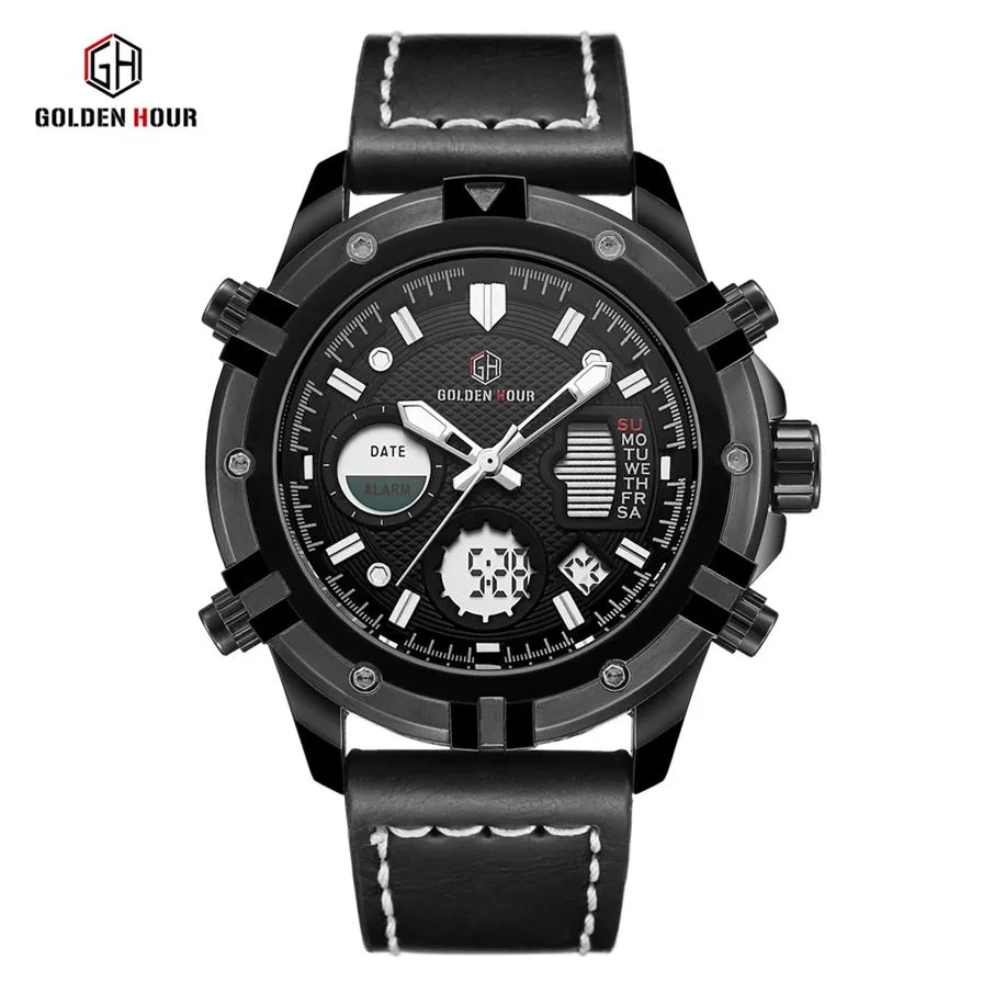 Reloj Hombre GOLDENHOUR Sport Military Men Watch erkek kol Digital Automatic Backlight Leather Man Watch Relogio Masculino220V