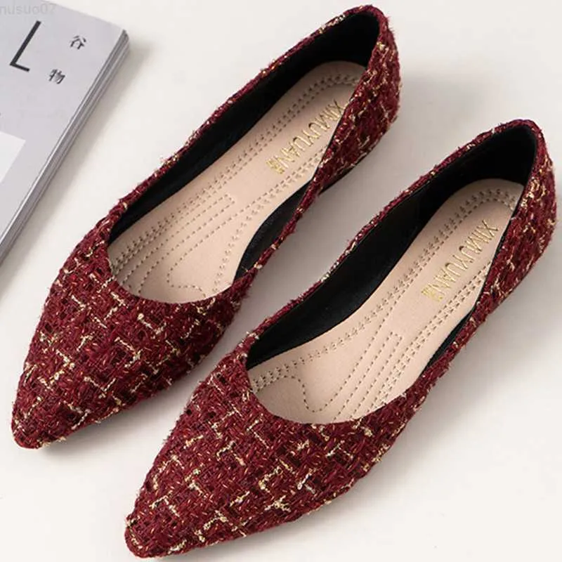 Dress Shoes Korean Pointed toe fabric ballet flats woman loafers shallow slip on shoes women party checkered soft bottom ballerina femme2020 L230721