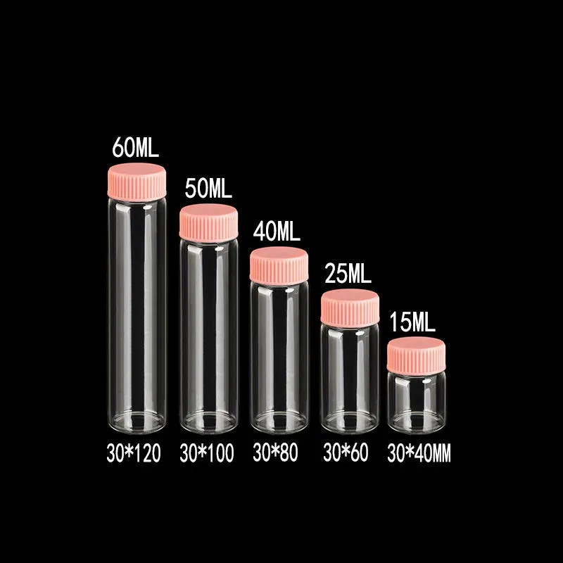 Стеклянные бутылки Пластиковая крышка розовый винт Прозрачный стеклянные флаконы пластиковые бутылки Бутылки бутылки 50 шт. 15 мл 25 мл 40 мл 50 мл 60 мл