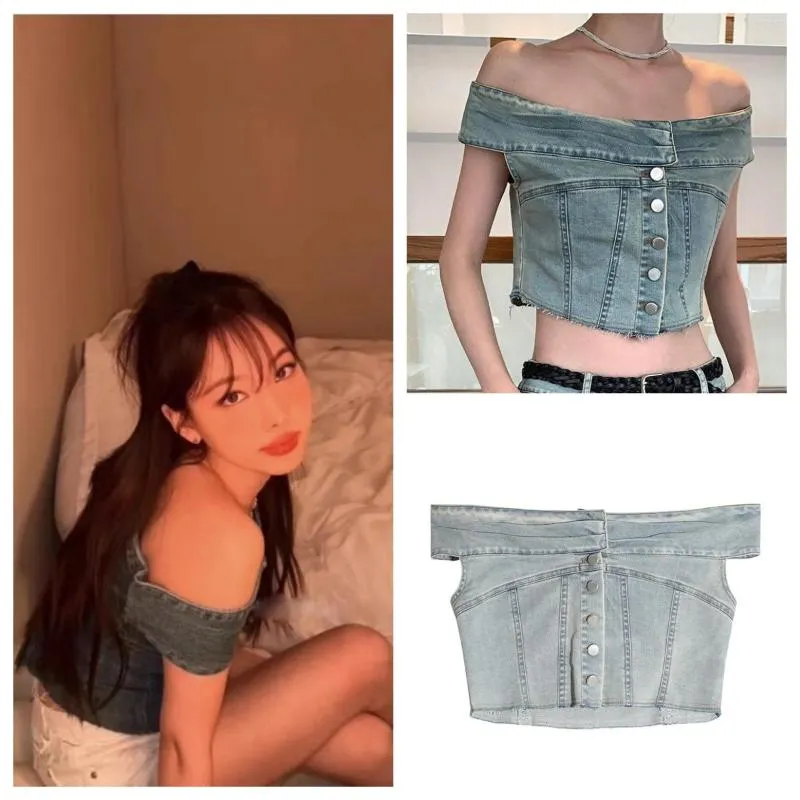 Damenblusen Kpop Girl Group TWICE Sommer Y2k Fashion Shirt High Street Sexy Off Shoulder Crop Tops Einreiher Denim