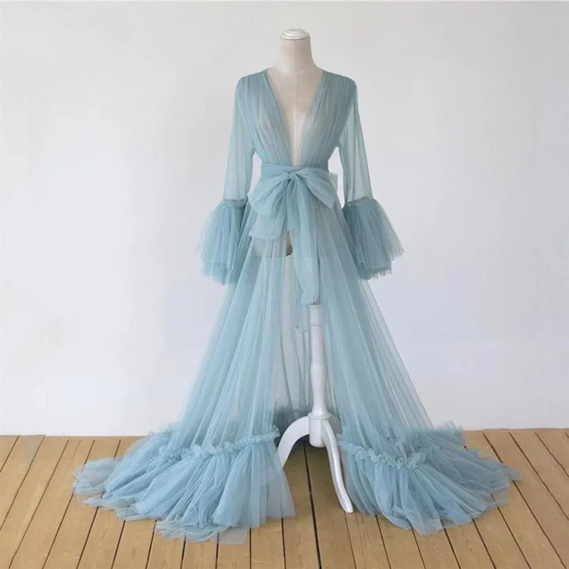 Chic Tulle Blue Prom -klänningar dammig moderskapsklänning för poshoot se genom puffiga ärmar v hals lång mantel kvinnor klänningar307e