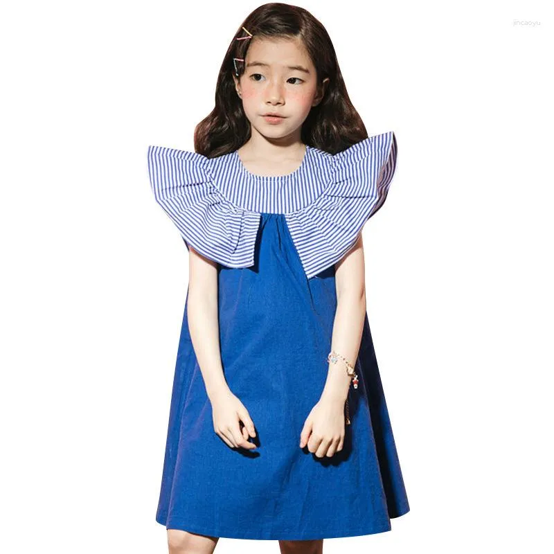 Fille Robes Stripe Patchwork Coton Princesse Pour Les Grandes Filles Jaune Bleu Une Ligne Adolescente Enfants Robe D'été De Mode Enfant Vêtements 4-14