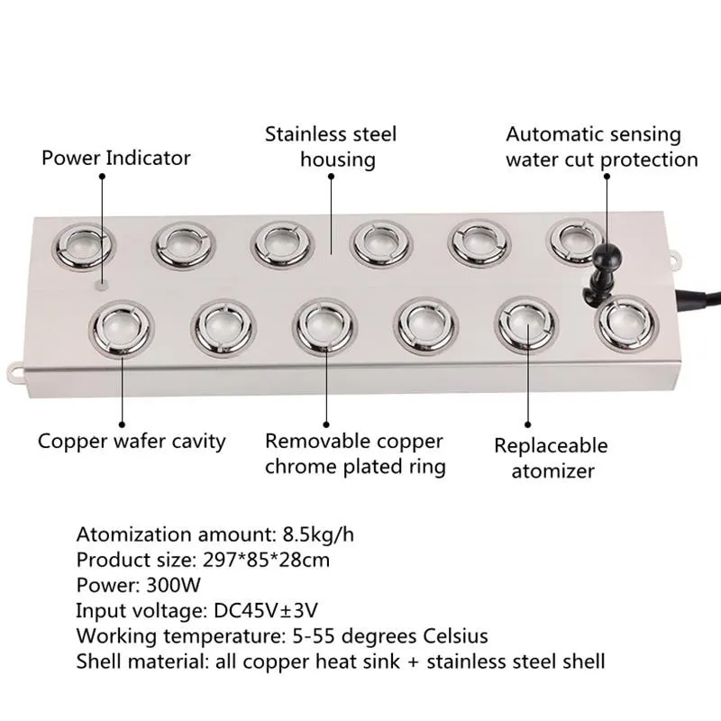 Nawilżacze 12 Głowa powietrze nawilżacz DC48V Ultrasoniczny przemysłowy producent mgły Fogger nierdzewna bez zasilania